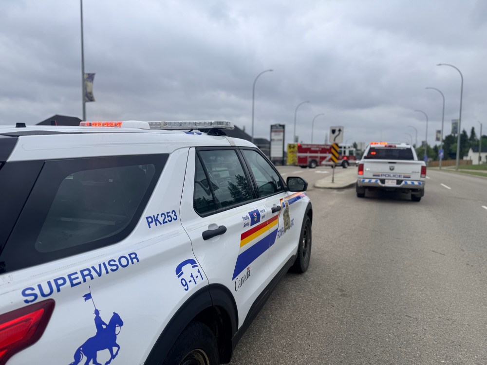 First responders attend the scene where a van collided with a daycare building, shown in this handout photo, in Stony Plain, Alta., on Thursday, June 4, 2026. THE CANADIAN PRESS/Handout - Parkland RCMP (Mandatory Credit)