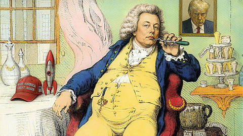 Satirical cartoon of Elon Musk as a gluttonous king.