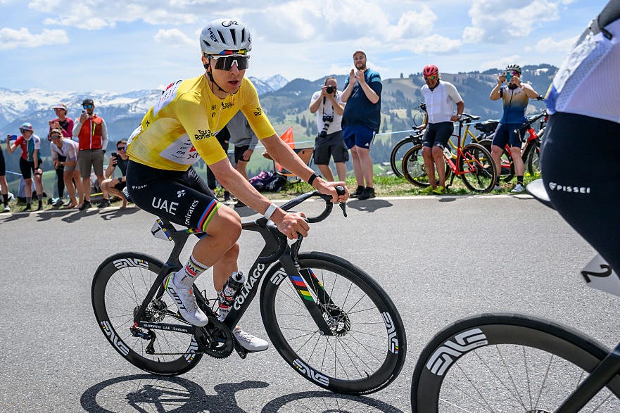 uae team emirates xrgs slovenian rider tadej pogacar climbs the jaunpass during the fourth stage of the tour of romandie uci cycling world tour, 1496 km from broc and to charmey, in jaunpass, switzerland, on may, 2, 2026 photo by fabrice coffrini  afp via getty images