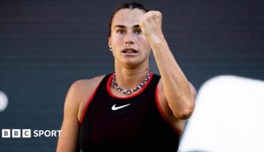 Aryna Sabalenka celebrates while playing against Nikola Bartunkova at the Berlin Open