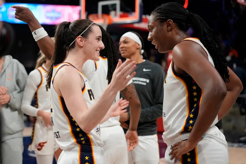 WASHINGTON, DC – JUNE 08: Caitlin Clark #22 of the <a class="link " href="https://sports.yahoo.com/wnba/teams/indiana/" data-i13n="sec:content-canvas;subsec:anchor_text;elm:context_link" data-ylk="slk:Indiana Fever;sec:content-canvas;subsec:anchor_text;elm:context_link;itc:0" data-yga="{"yLinkElement":"context_link","yModuleName":"content-canvas","yLinkText":"Indiana Fever","ySubModuleName":"anchor_text","yHasCommerce":false}">Indiana Fever</a> celebrates with Aliyah Boston #7 after scoring the game-winning three pointer during the second half against the <a class="link " href="https://sports.yahoo.com/wnba/teams/washington/" data-i13n="sec:content-canvas;subsec:anchor_text;elm:context_link" data-ylk="slk:Washington Mystics;sec:content-canvas;subsec:anchor_text;elm:context_link;itc:0" data-yga="{"yLinkElement":"context_link","yModuleName":"content-canvas","yLinkText":"Washington Mystics","ySubModuleName":"anchor_text","yHasCommerce":false}">Washington Mystics</a> at CareFirst Arena on June 08, 2026 in Washington, DC. (Photo by Jess Rapfogel/Getty Images)