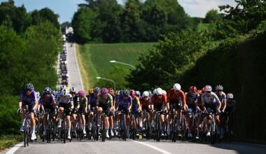 The peloton during stage 3 of the 2026 Giro d'Italia Women, a 156km stage from Bibione to Buja. (Photo by Luc Claessen/Getty Images)