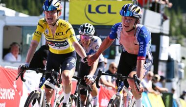 BRISON, FRANCE - JUNE 14: (L-R) Luke Tuckwell of Australia, loses the Yellow leader jersey and Maxim Van Gils of Belgium and Team Red Bull - BORA - hansgrohe cross the finish line during the 78th Tour Auvergne-Rhone-Alpes 2026, Stage 8 a 120.1km stage from Beaufort to Plateau de Solaison - Brison 1497m / #UCIWT / on June 14, 2026 in Brison, France. (Photo by Dario Belingheri/Getty Images)
