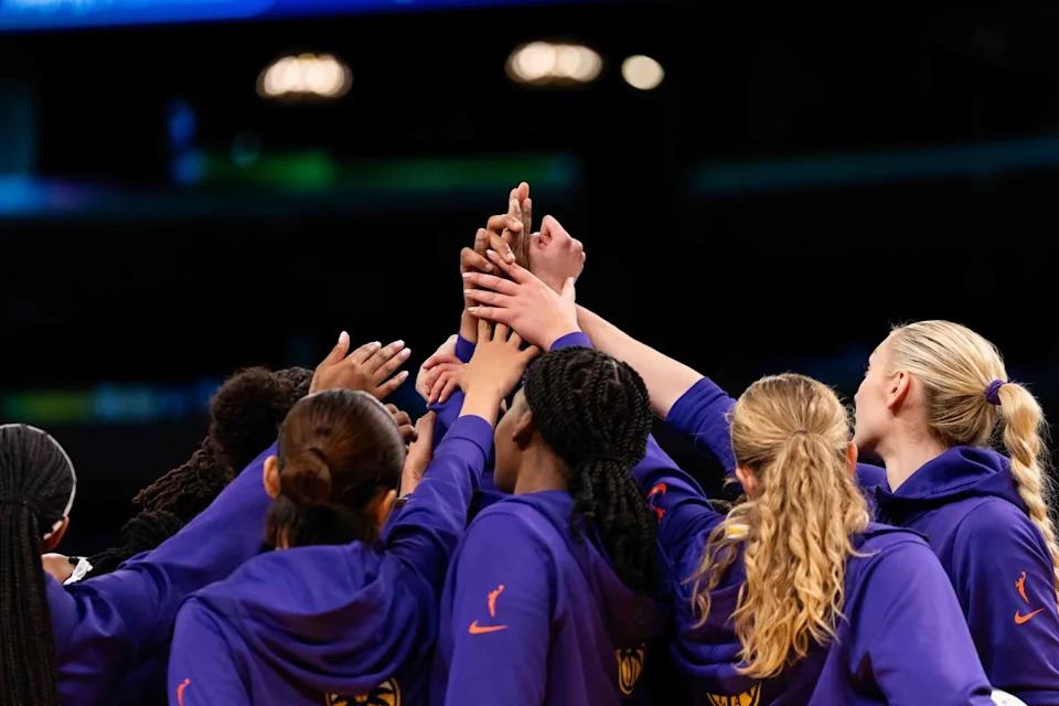LA Sparks huddle together before the start of a WNBA basketball game against the Portland Fire, Sunday June 7th, 2026 in Los Angeles, California.
