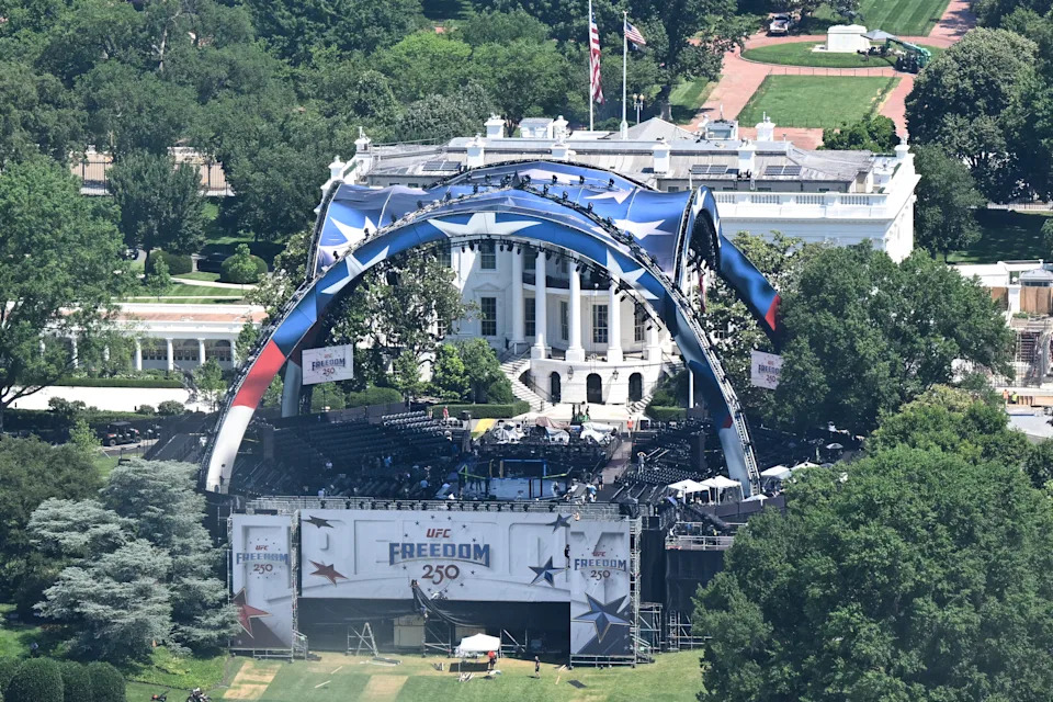The structure, known as "The Claw," for the upcoming UFC fight that US President Donald Trump will host as part of the 250th anniversary of the United States is seen on the South Lawn of the White House in Washington, DC, on June 12, 2026. The UFC Freedom 250 event will be held at the White House on US President Donald Trump's 80th birthday on June 14. (Photo by Anne LEBRETON / AFP via Getty Images)
