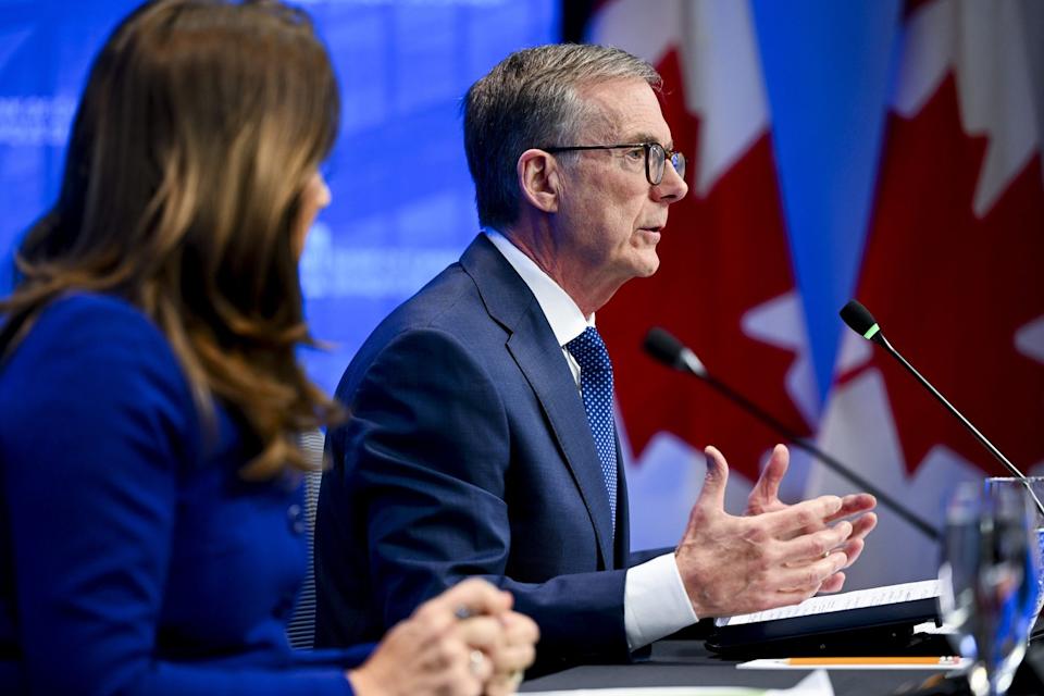 Governor of the Bank of Canada Tiff Macklem and Deputy Governor of the Bank of Canada Carolyn Rogers participate in a news conference following an interest rate announcement, at the Bank of Canada in Ottawa, on Wednesday, April 29, 2026. THE CANADIAN PRESS/Spencer Colby - The Canadian Press