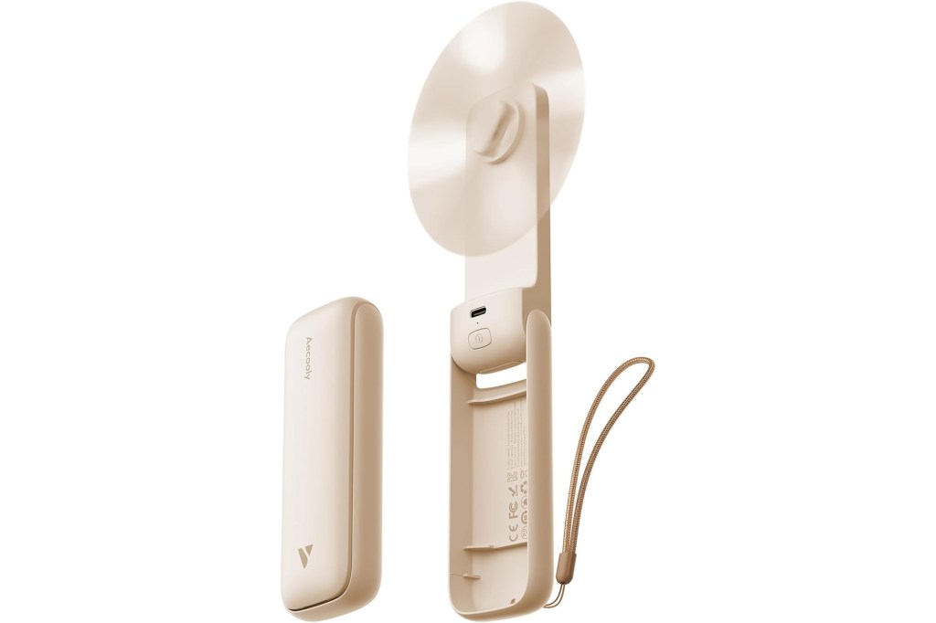 Beige AeCooly portable fan, with its case and a wrist strap, shown unfolded with the fan blades visible.