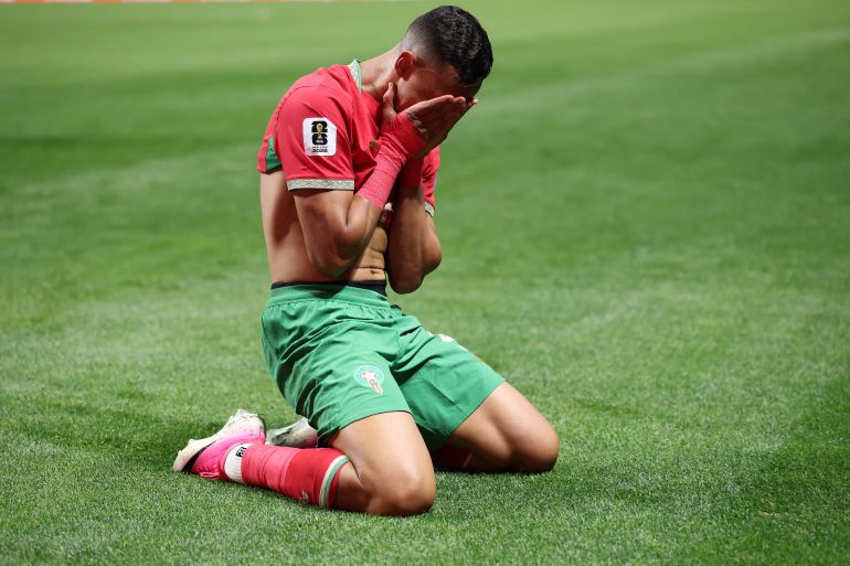 ATLANTA, GEORGIA - JUNE 24: Soufiane Rahimi #9 of Morocco celebrates scoring his team's third goal during the FIFA World Cup 2026 Group C match between Morocco and Haiti at Atlanta Stadium on June 24, 2026 in Atlanta, Georgia. Kevin C. Cox/Getty Images/AFP (Photo by Kevin C. Cox / GETTY IMAGES NORTH AMERICA / Getty Images via AFP)