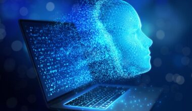 A human-looking digitally rendered face emerges out of a laptop computer.