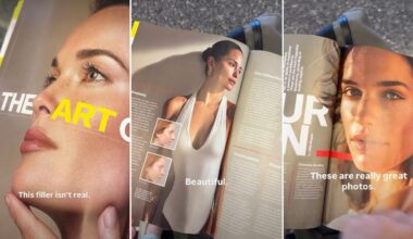 Three magazine pages show close-up photos of women’s faces and beauty articles. Overlaid captions read: “This filler isn’t real,” “Beautiful,” and “These are really great photos.”.