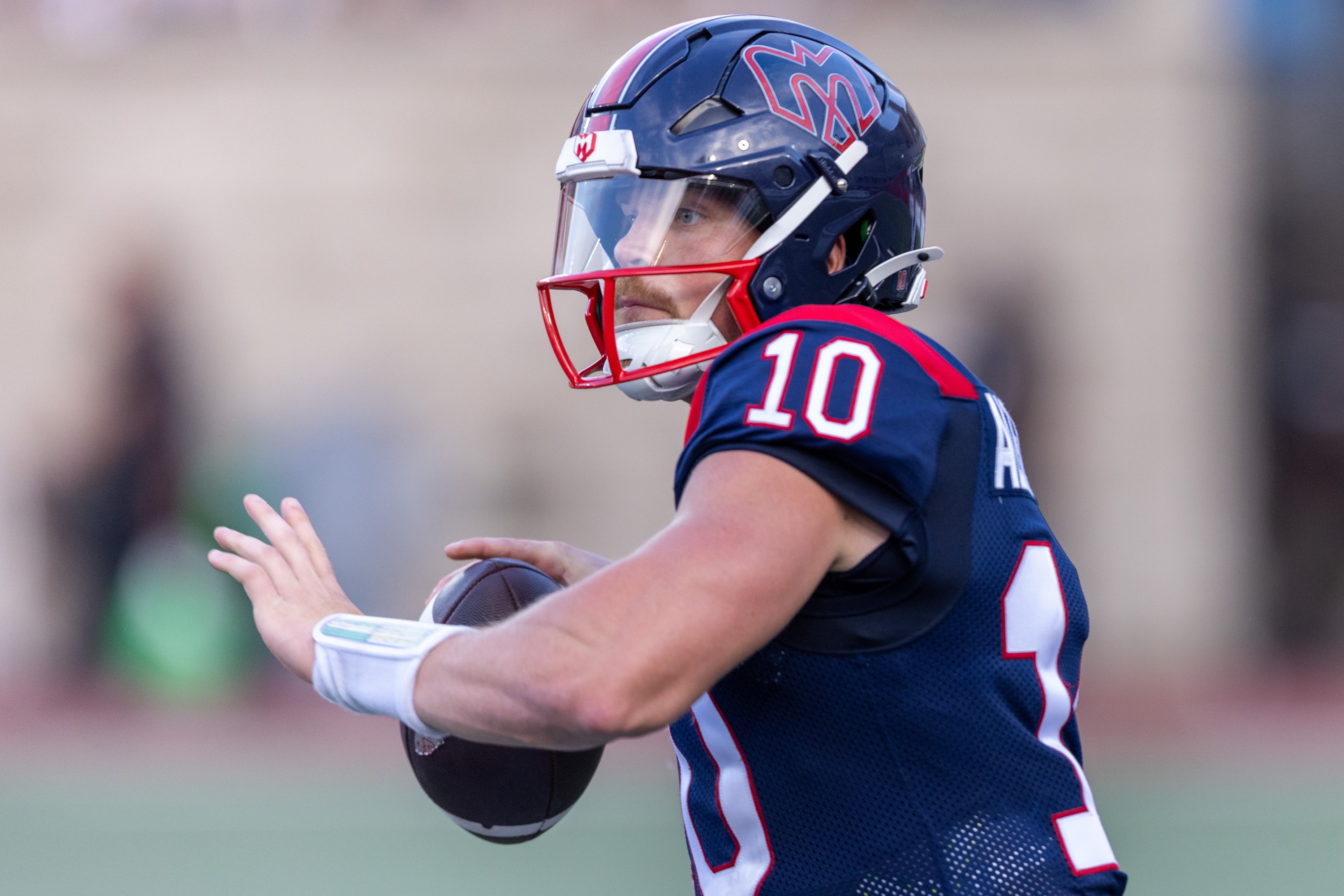 Alouettes quarterback Davis Alexander looks for an open receiver during first half at Molson Stadium on Friday.