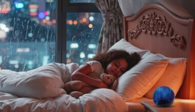 A girl sleeps in bed with a stuffed animal and an Amazon Echo speaker on her bedside table.