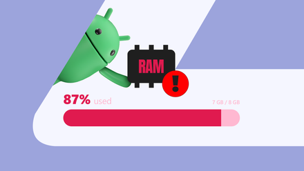 Android mascot holding a RAM chip above a nearly full memory usage bar, with a warning icon showing high RAM consumption.