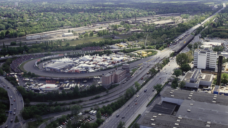 An aerial view shows the AVUS hairpin.