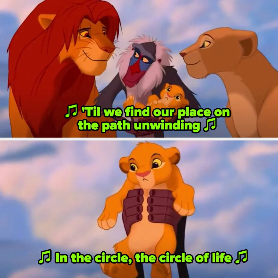 The ending of "The Lion King," with Simba taking over as king and introducing his son to the kingdom