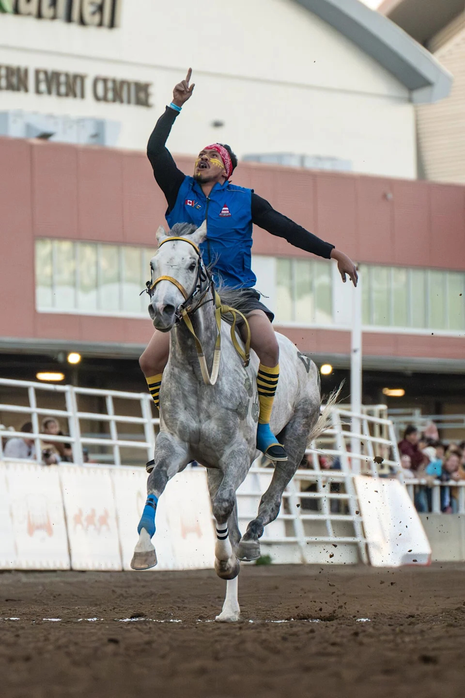 Chief Enoch Lapotac rider Tyrone Jackson pictured during the relay race competition, which his team won, at the inaugural Calgary Stampede First Nations Rodeo and Relay at GMC Stadium on June 13, 2026.