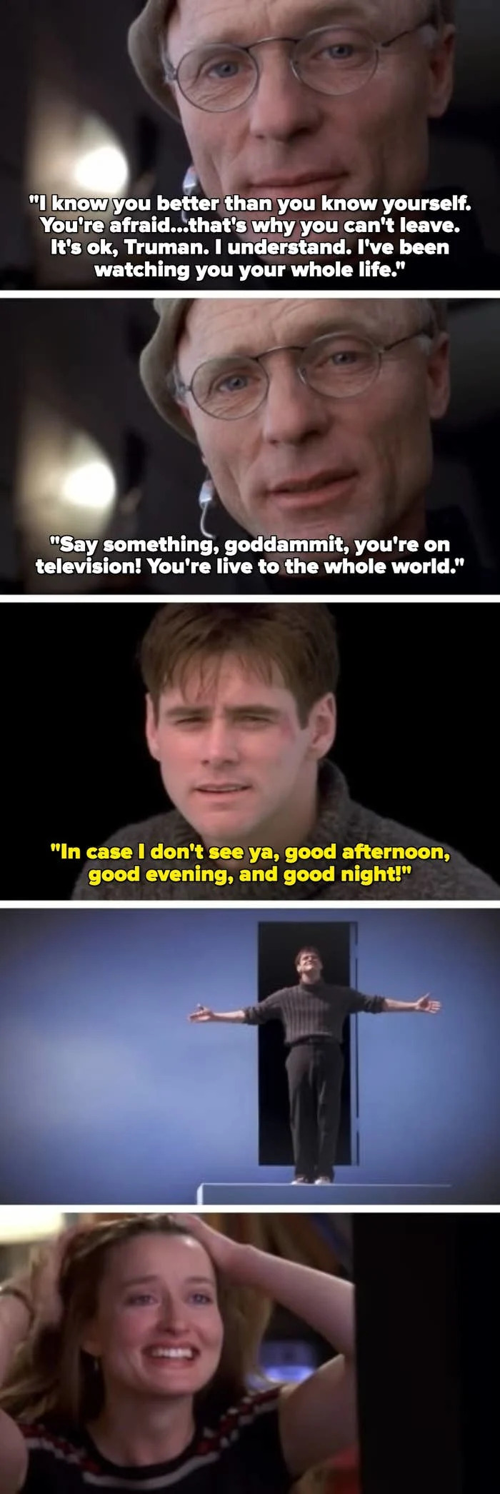 Ed Harris, Jim Carrey, and Natascha McElhone in "The Truman Show"