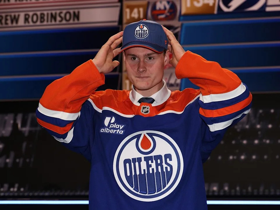 Andrew Robinson of Canada looks on after being drafted by the Edmonton Oilers with the one hundred thirty-third pick during day two of the 2026 NHL Draft on June 27, 2026 in Buffalo, New York.