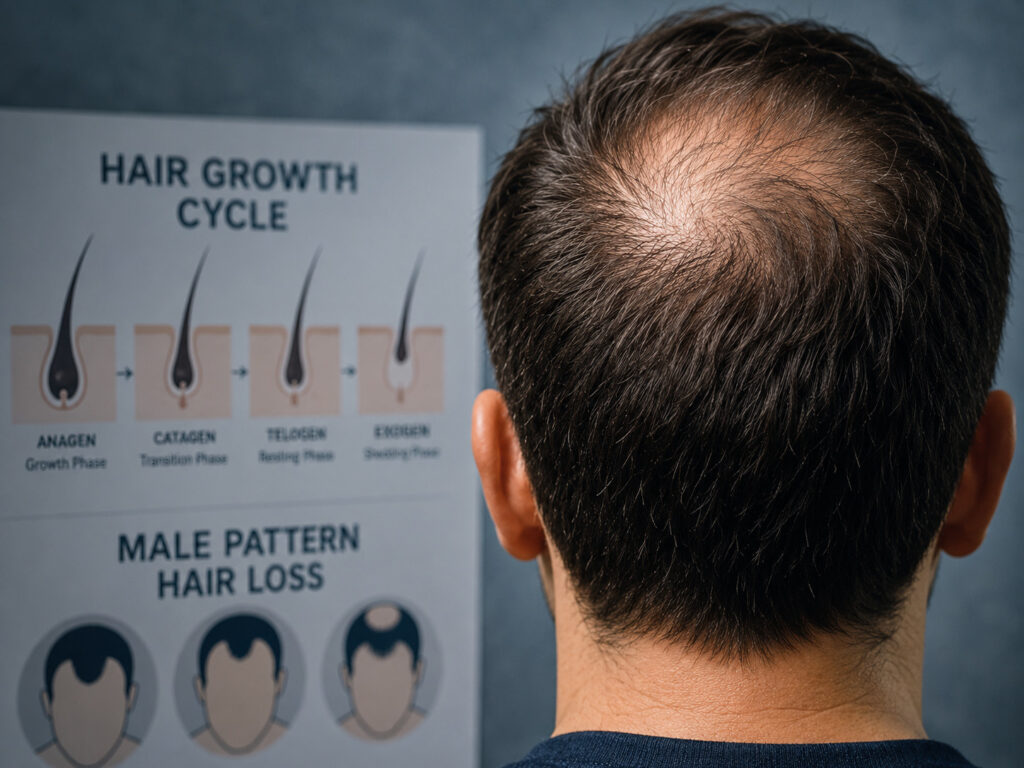 Ai Illustration of man's hair with bald spot next to a chart describing hair growth and hair loss