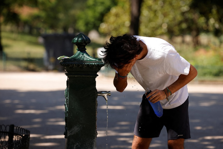 A person uses a water fountain in a park, to cool their face.