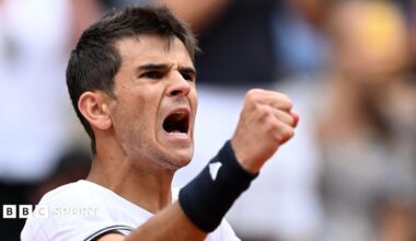 Rafael Jodar celebrates a point with a fist clench and vocal response