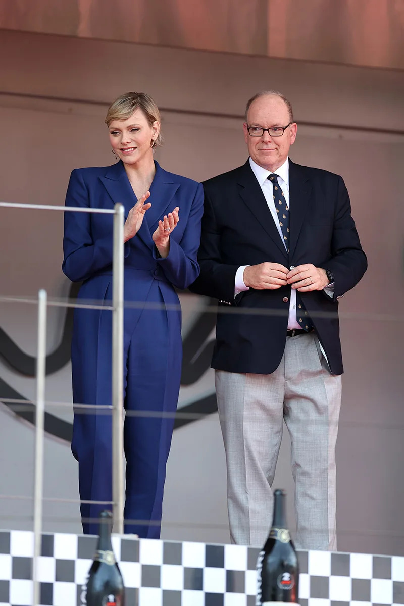 MONTE-CARLO, MONACO - MAY 26: Prince Albert of Monaco and Princess Charlene look on, from the podium during the F1 Grand Prix of Monaco at Circuit de Monaco on May 26, 2024 in Monte-Carlo, Monaco. (Photo by Ryan Pierse/Getty Images)