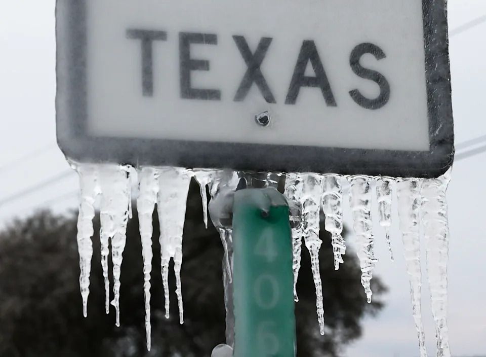 Icicles hang off the State Highway 195 sign on Feb. 18, 2021 in Killeen, Texas. Winter storm Uri has brought historic cold weather and power outages to Texas as storms have swept across 26 states with a mix of freezing temperatures and precipitation.