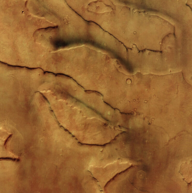 Orange terrain with some small round spots on it.