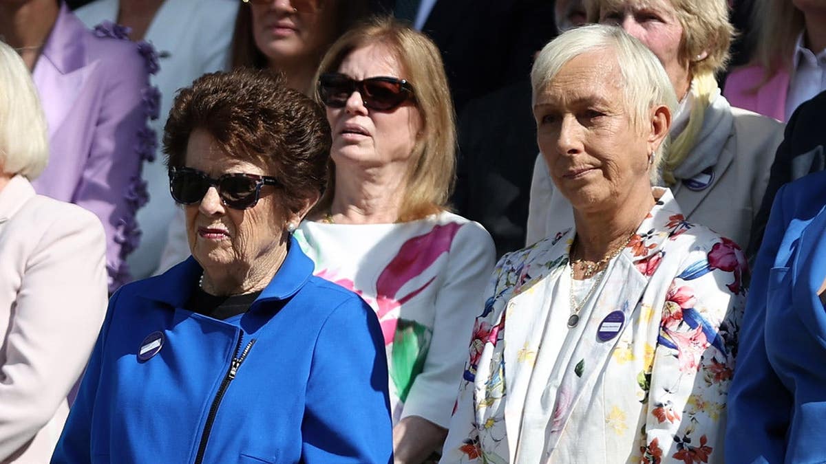 Billie Jean King and Martina Navratilova seated in the Royal Box on Centre Court at Wimbledon