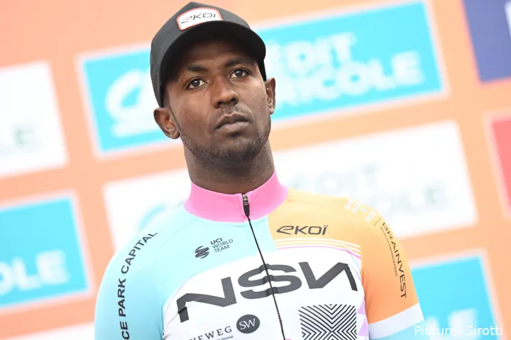 Biniam Girmay at the team presentation of Milano-Sanremo 2026