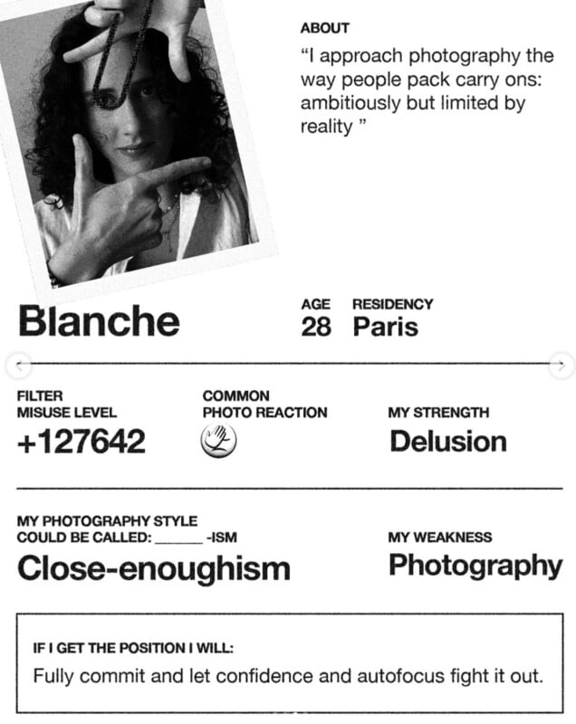A profile card for Blanche, age 28, from Paris, featuring a black-and-white photo of her. It lists her strengths, weaknesses, filter misuse level, and photography style, with handwritten and typed text in a bold, modern style.