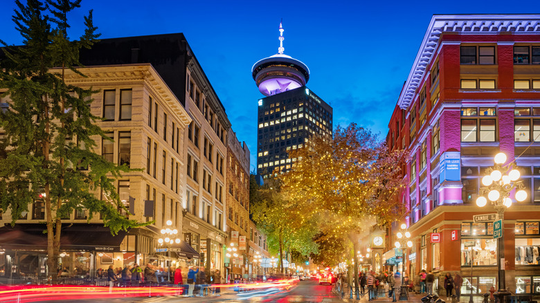 A long exposure of bustling downtown Vancouver, British Columbia, Canada