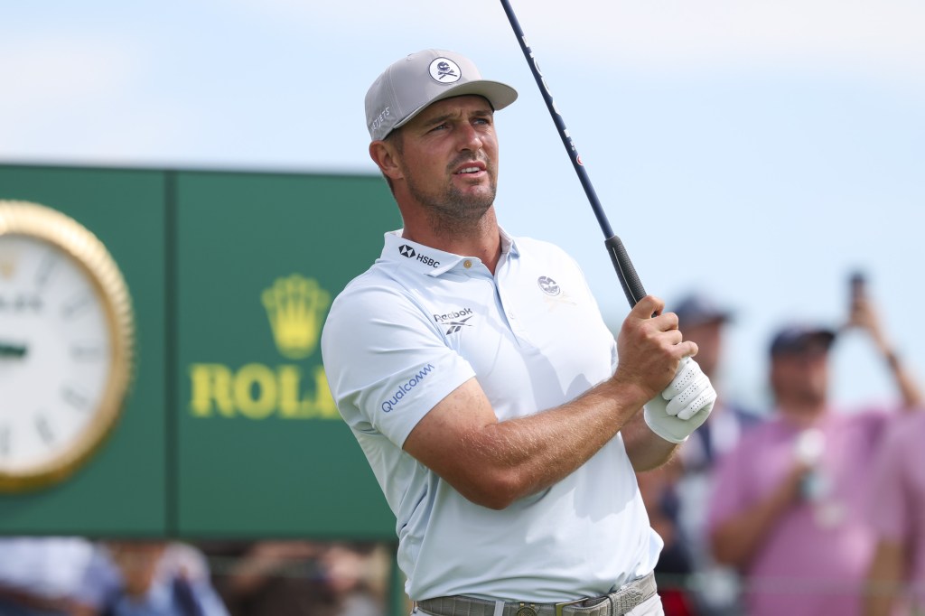 Bryson DeChambeau tees off during the second round of the 2026 US Open golf tournament.