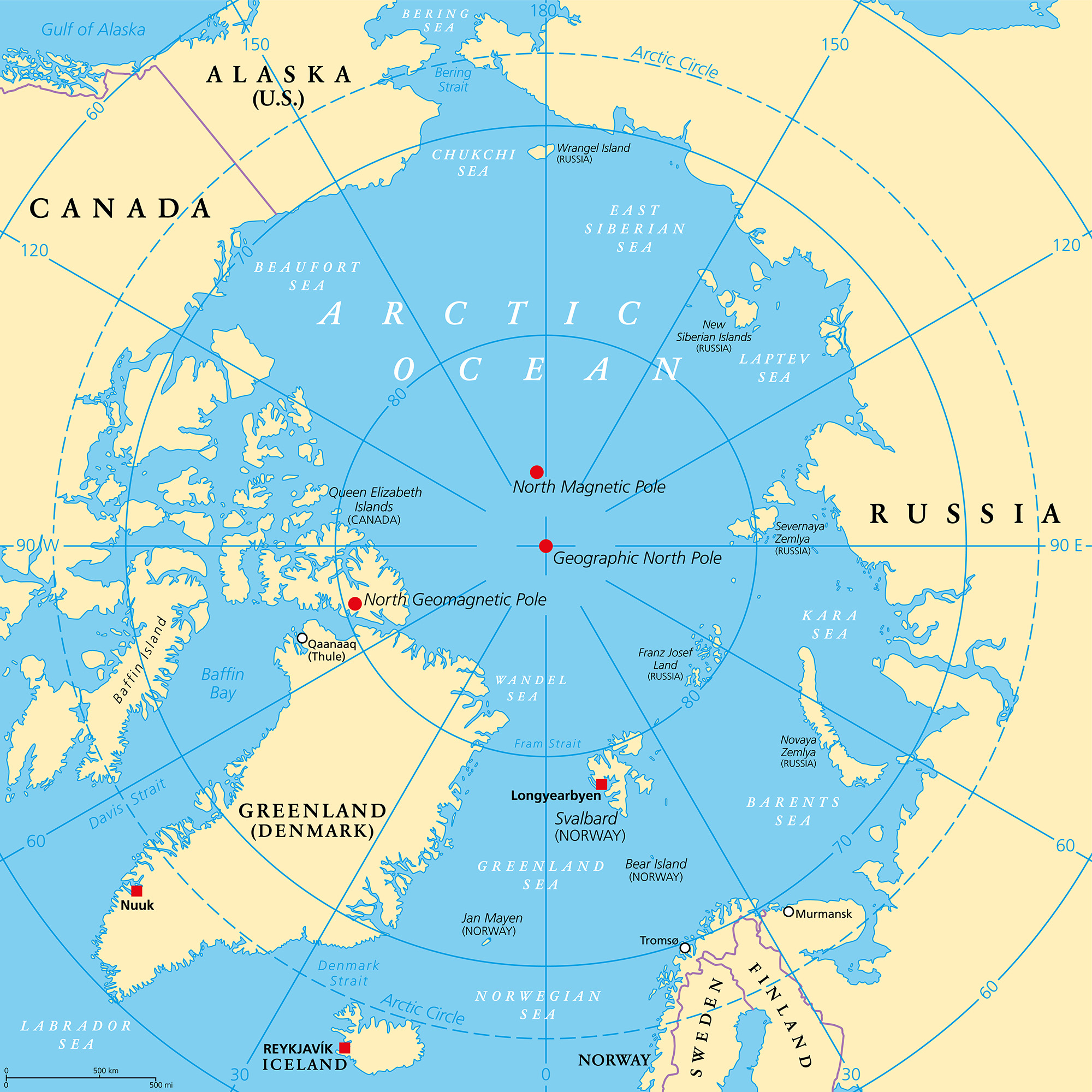 A map of the Earth's north pole with various red dots on it.