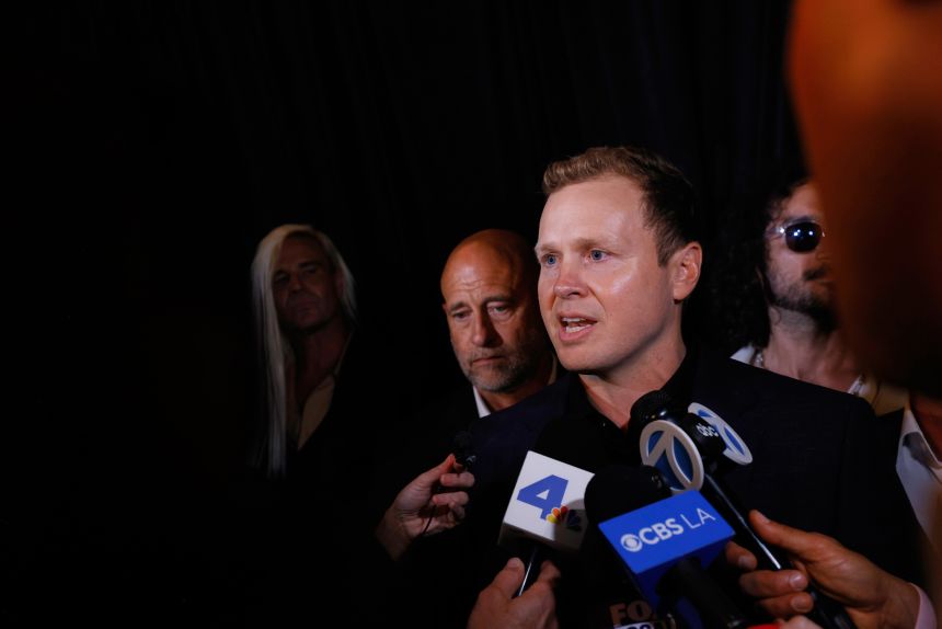 Spencer Pratt fields interviews during an election night event on Tuesday, June 2, 2026, in Los Angeles.