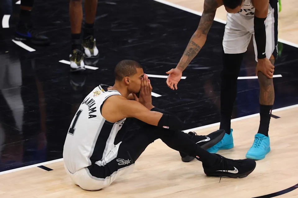 SAN ANTONIO, TEXAS – JUNE 13: Victor Wembanyama #1 of the San Antonio Spurs reacts during the fourth quarter against the New York Knicks in Game Five of the 2026 NBA Finals at Frost Bank Center on June 13, 2026 in San Antonio, Texas. (Photo by Gregory Shamus/Getty Images)