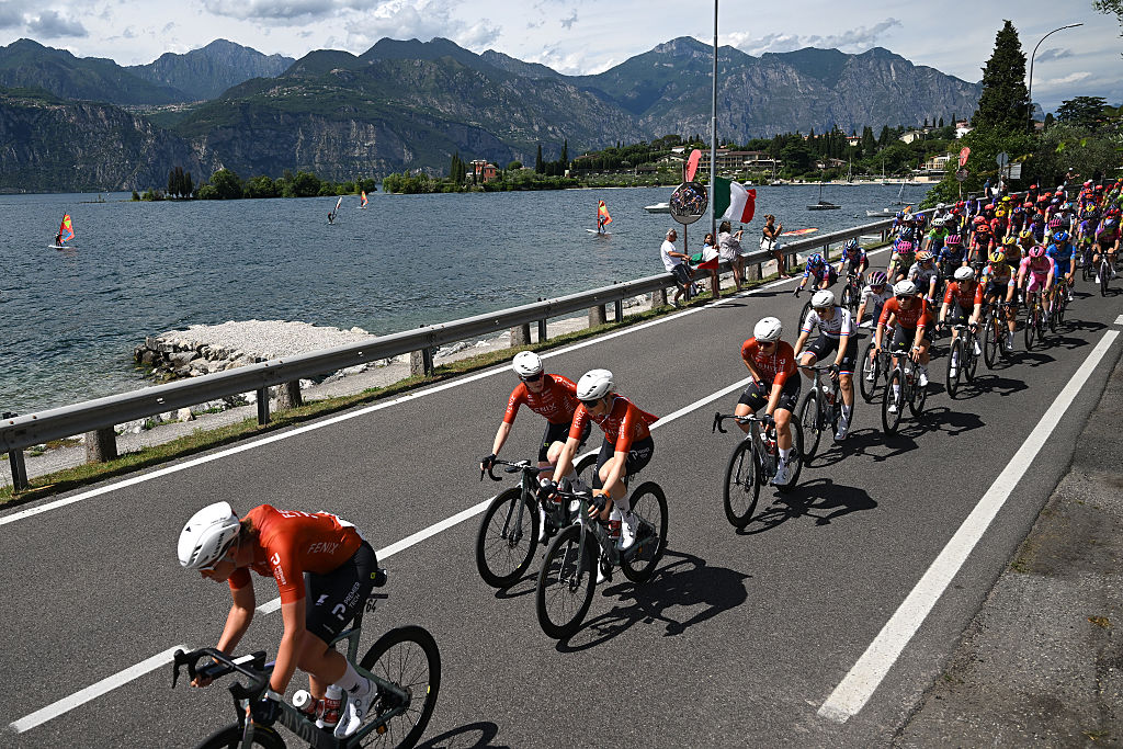 Fenix-Pemier Tech lead the peloton during stage 6 of the 2026 Giro d'Italia Women, a 160km stage from Ala to Brescello, Italy. (Photo by Luc Claessen/Getty Images)