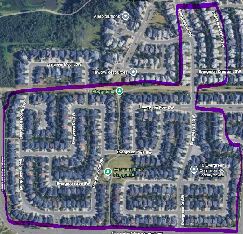 A map with a line that marks where a blue recyclable bag could be after a series break-ins in the Evergreen area on Wednesday, June 17, 2026