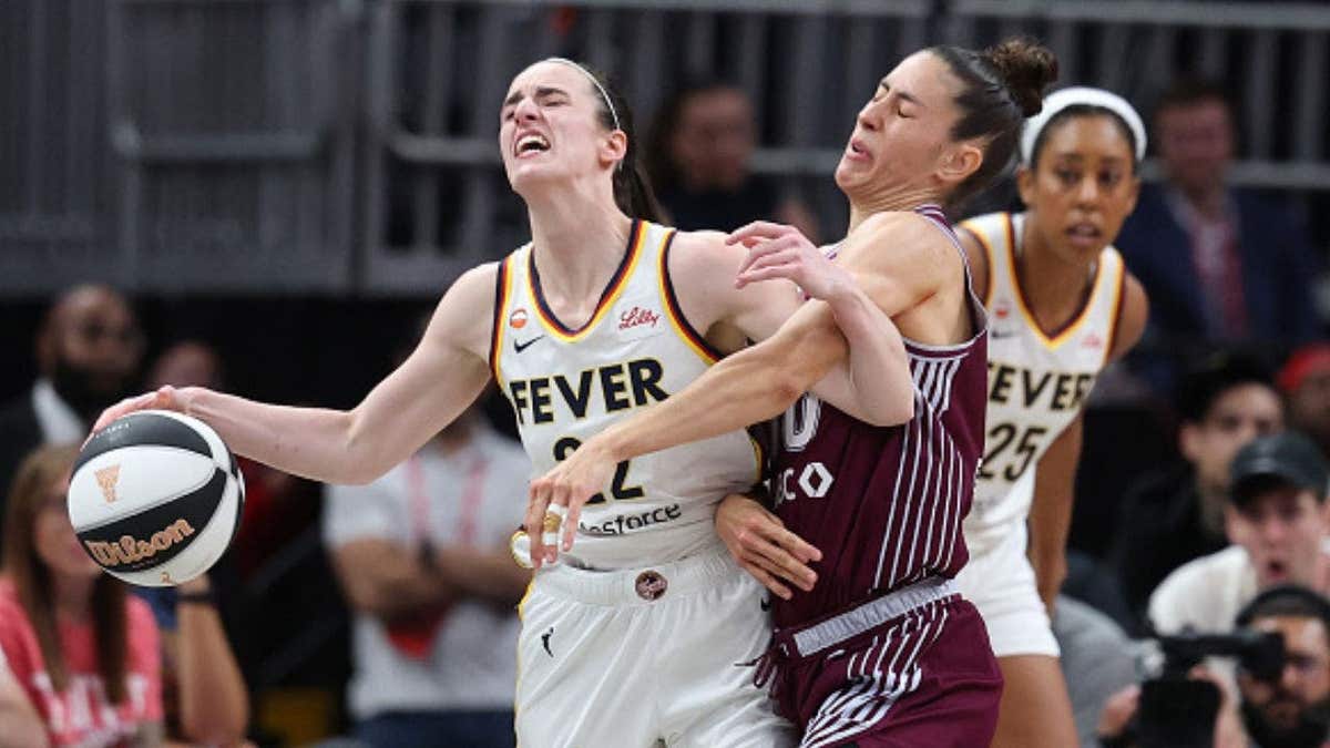 Caitlin Clark draws a foul from Maria Conde during Indiana's victory over the Toronto Tempo. (Photo by Andy Lyons/Getty Images)