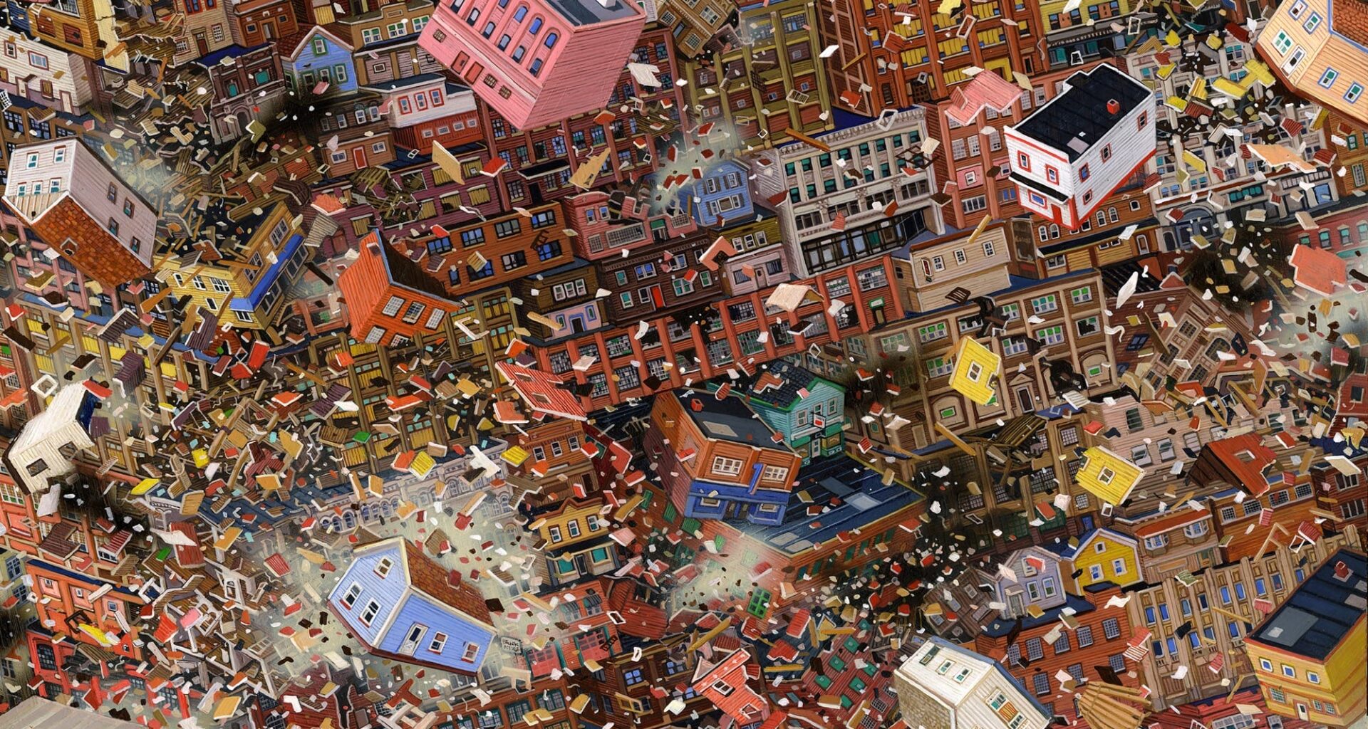 a highly detailed acrylic painting of houses flying through a field of debris