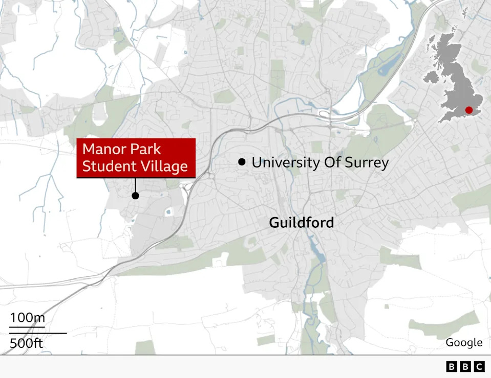 Map of Guildford highlighting Manor Park Student Village west of the University of Surrey, with markers for both locations and a small inset map showing the area within the UK.