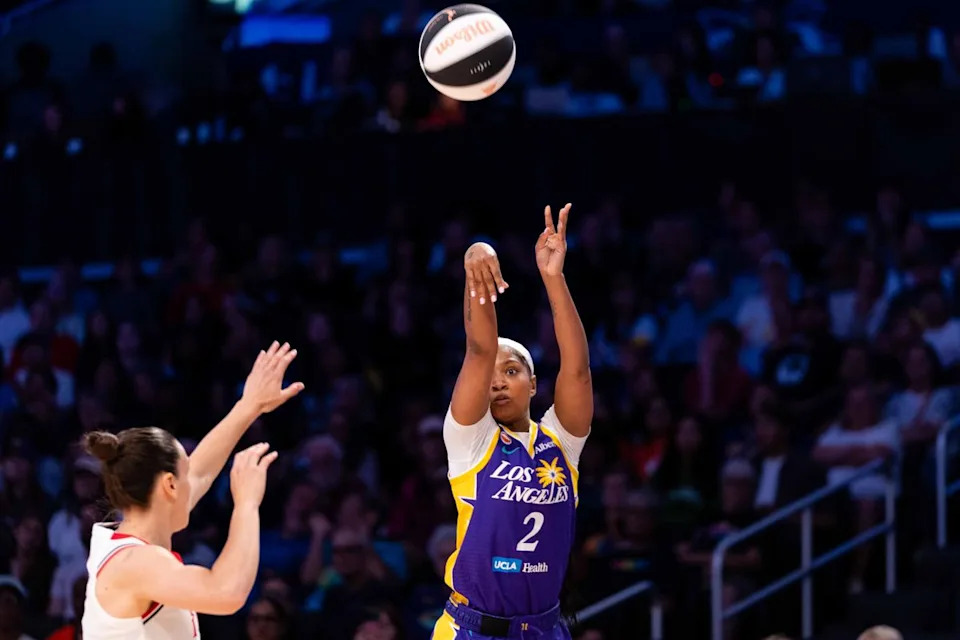 LA Sparks guard Chance Gray (2) shoots a three-pointer at a WNBA basketball game against the Portland Fire, Sunday June 7th, 2026 in Los Angeles, California.