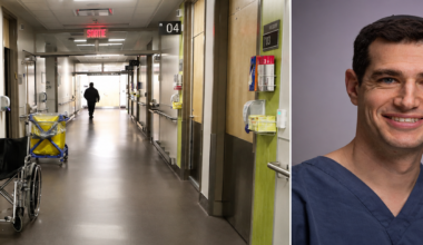Dr. and a hospital hallway with a man walking away