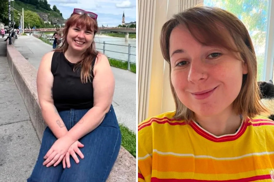 A woman with long hair and bangs and a second photo of her with a shorter bob.