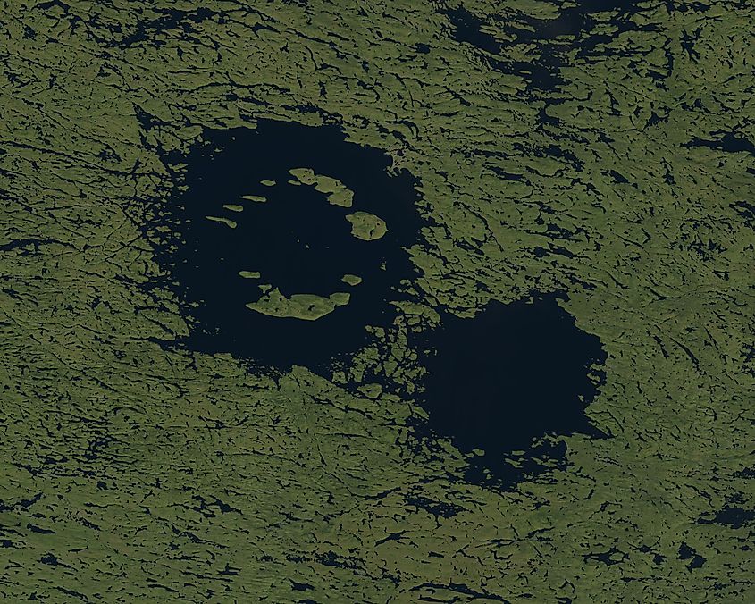Landsat image of the Clearwater Lakes impact craters in Quebec, Canada.