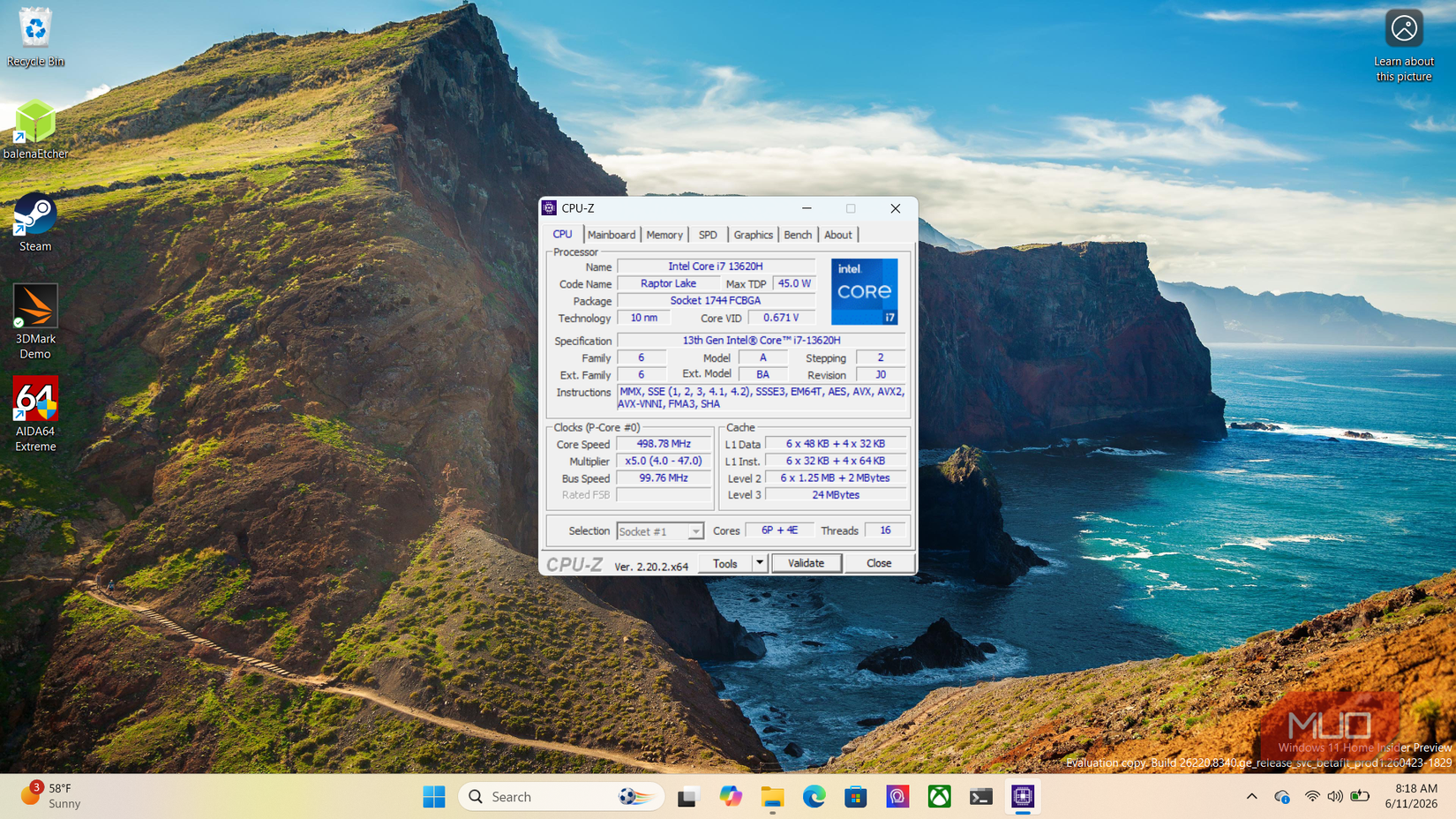 CPU-Z Testing tool on PC