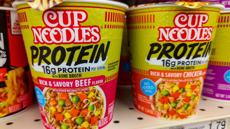 Cup Noodles Protein on store shelf