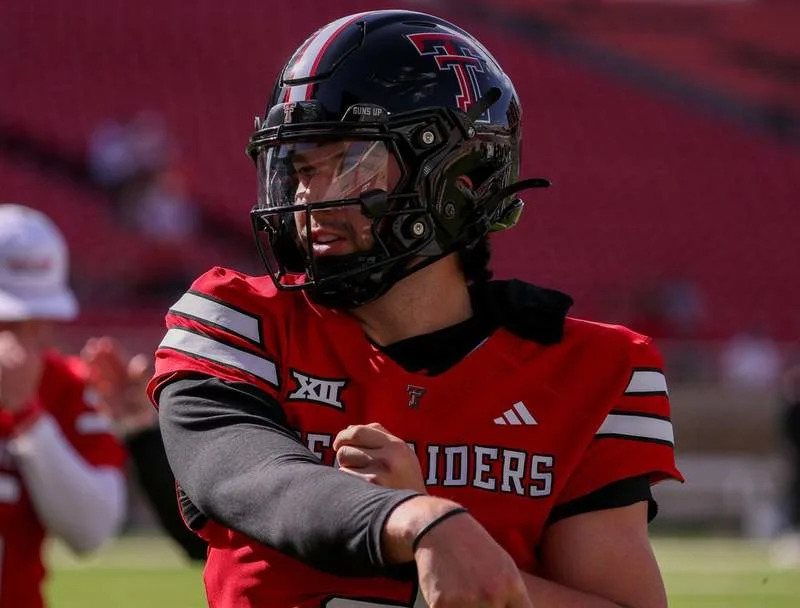 Texas Tech’s Brendan Sorsby goes through warmups before the spring football game, Friday, April 17, 2026, at Jones AT&T Stadium.