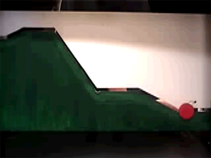Animated clip from a video demonstrating a puppetry event show to infants where an inanimate circle rests at the bottom of the hill before being pushed to the top by a blue square.