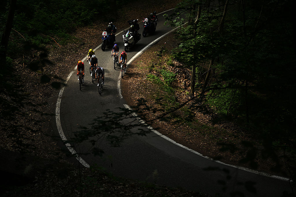 The breakaway on the lower slopes of the Colle delle Finestredueing stage 8 of the 2026 Giro d'Italia Women. (Photo by Luc Claessen/Getty Images)